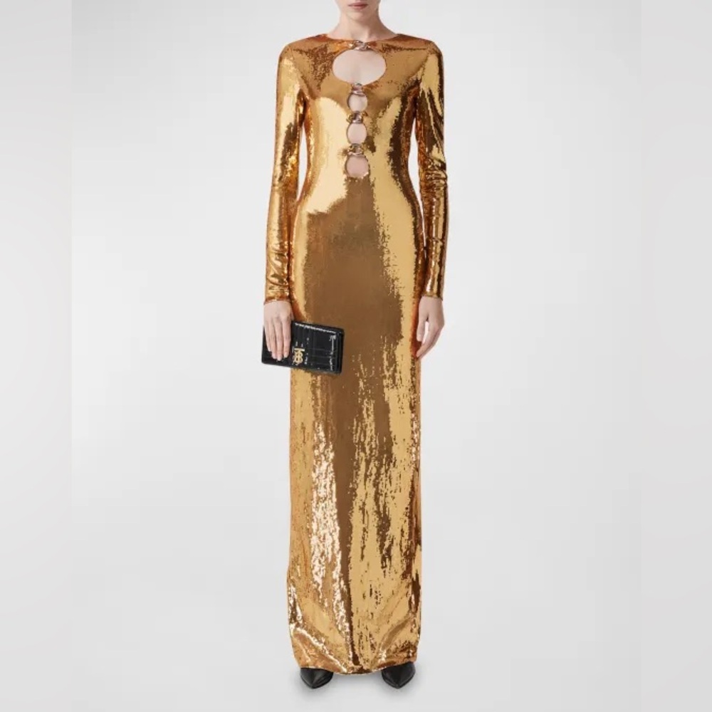 BURBERRY Corrine Sequin Cut-Out Maxi Dress - Gold